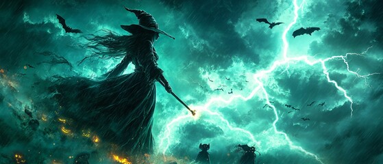 Obraz premium Enchanting Witch Casting Lightning Spell in Stormy Night with Halloween Bats and Crows Spooky Fantasy Illustration