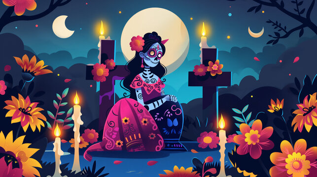 A colorful vector illustration of the Day of the Dead featuring a Mexican woman  with black hair and catrina makeup, sitting on a cross in front of a moonlit sky, surrounded by candles 