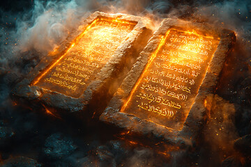 stone tablets with commandments. According to the Bible, these commandments were given by God to Moses on Mount Sinai	
