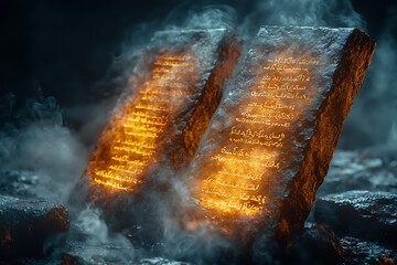 stone tablets with commandments. According to the Bible, these commandments were given by God to Moses on Mount Sinai	
