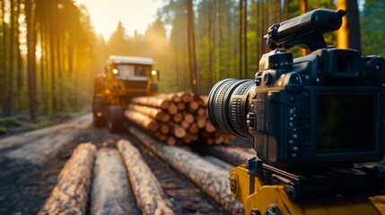 A logger uses heavy machinery to work in a sunlit forest, with freshly cut logs stacked nearby just after dawn.