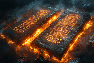 Two stone tablets that God gave to Moses, depicted on a dark background with swirling smoke. The tablets are inscribed with ancient Hebrew text, glowing faintly
