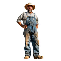 Confident farmer standing with hands on hips wearing dirty overalls