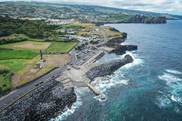 Aerial view of the volcanic geothermal pools at Pocos de Sao Vicente de Ferreira, Sao Miguel, Azores, Portugal