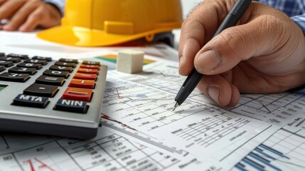 Generate a photo realistic image of a construction project team conducting a review of cost analysis with detailed financial charts and budgeting reports; ensure the image is of high resolution 