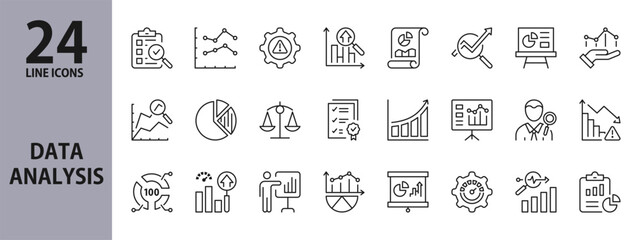 Data Analysis line icons set with Report, Balance, Graph, Analyst, Growth, Diagram, Analytics, Document, Magnifier and more. Editable Stroke