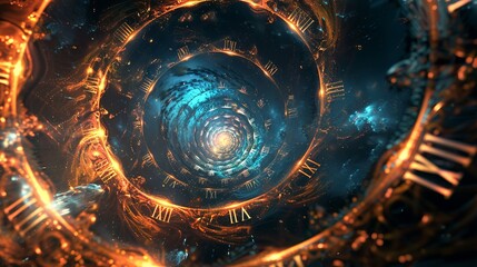 Abstract spiral clock with glowing blue and gold hues.