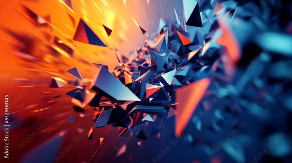 Poster Dynamic 3D rendering of polygonal shapes in motion, capturing an energetic and vibrant feel.