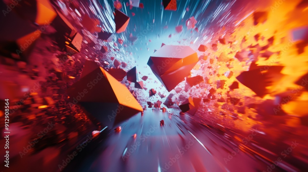 Poster dynamic 3d rendering with colorful, rotating polygonal shapes and an energetic feel.