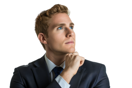 A young North American businessman in a classic suit, deep in thought, white background.