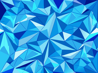 A vibrant abstract background featuring a geometric pattern of blue and turquoise triangular shapes, creating a 3D effect with varying shades of blue.