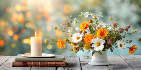 A cozy autumn still life setup with a stack of old books, a candle, and an arrangement of fall flowers