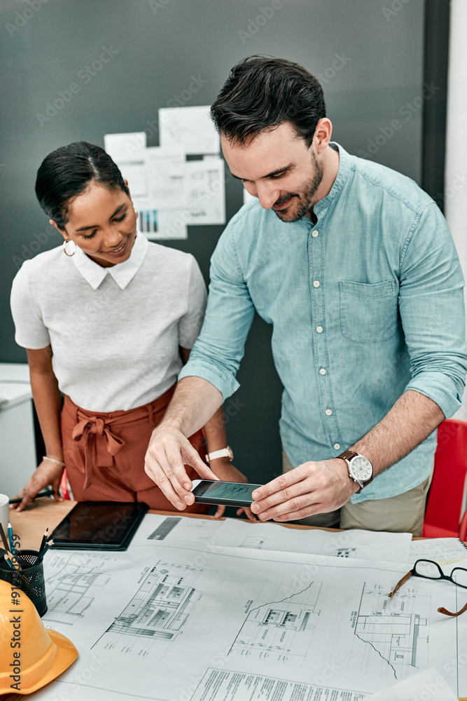 Poster man, architect and blueprint with phone for photo with woman, communication and office for design re