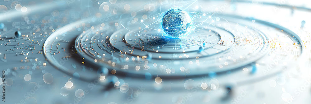 Canvas Prints blue futuristic digital globe surrounded by abstract data rings and light particles, representing gl