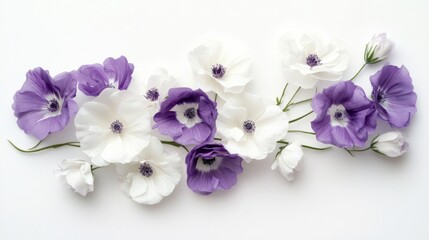 Naklejka premium Elegant cluster of white and purple eustoma flowers on a white background, arranged in a harmonious pattern.