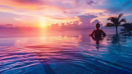 Individual relaxing in an infinity pool during sunset.