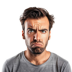 Obraz premium Man with furrowed brows and a tense expression, symbolizing stress, against a white background.