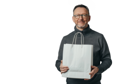 Middle-aged man proudly displaying single shopping bag, clean white setting