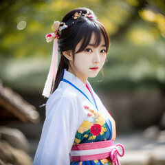 韓国の伝統的な韓服・着物を着た優雅な女性