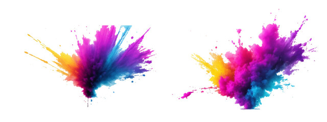 Multicolor powder explosion on White background. Colored cloud. Colorful dust explode. Paint Holi. colorful rainbow Holi paint color powder explosion with bright colors isolated white background.	