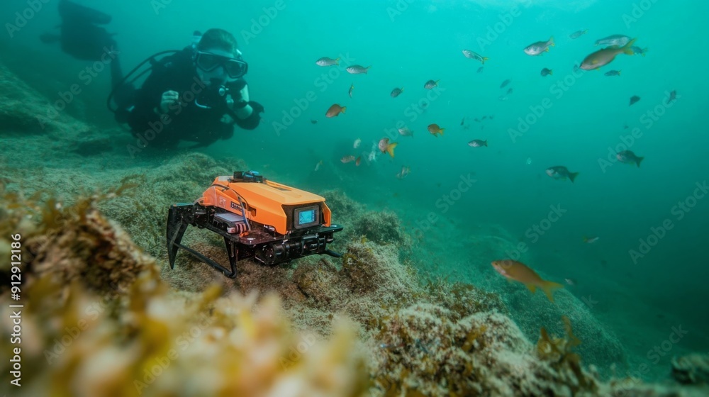 Poster a diver observes an underwater robot navigating through a vibrant coral reef filled with fish.