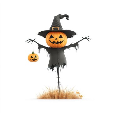 recommend clip art: A halloween clipart of a creepy scarecrow in a pumpkin field, white background