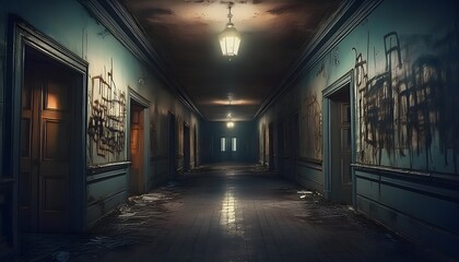 Eerie Hallway in an Abandoned Asylum with peeling paints on the wall
