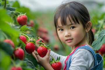 Asian child picking strawberries at a farm
