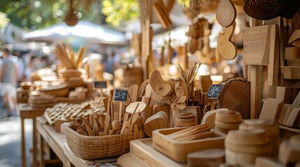 A vibrant market stall filled with an array of handcrafted wooden items, showcasing various utensils and decorations under natural light.