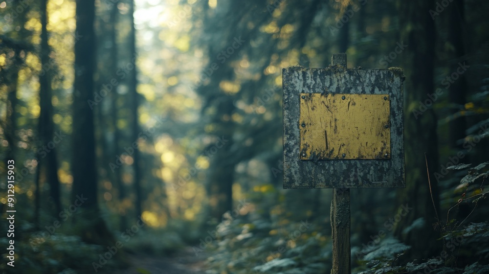 Aufkleber a weathered signpost stands empty along a tranquil forest trail, with sunlight filtering through the