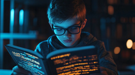 Boy with interactive coding book AI code assistants help error-check existing code and generate new code from text prompts