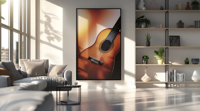 Modern living room. Guitar painted canvas in a moderm sleek living room 