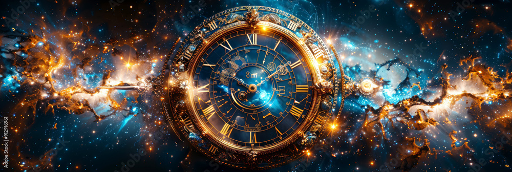 Wall mural elegant astronomical clock in cosmic setting ideal for concepts of time and universe.