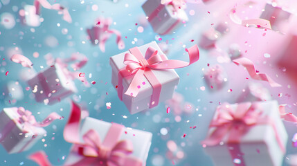 A lot of  gifts boxes with pink ribbons flying and falling in galaxy.
