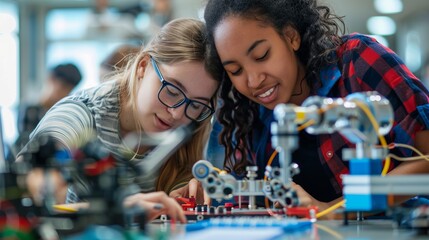 Female students collaborating on robotics project