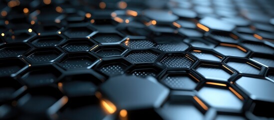 Futuristic dark metallic design featuring hexagonal shapes