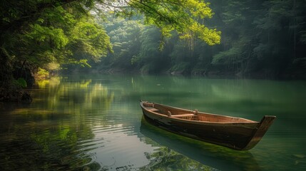 Fototapeta premium Serene river scene with a wooden boat, surrounded by lush greenery and reflecting sunlight
