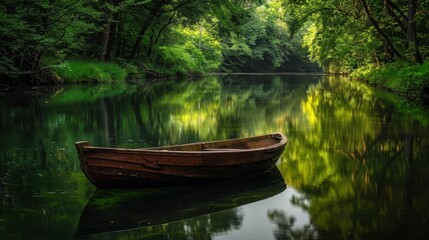 Obraz premium Solitary brown boat floating on a calm river surrounded by lush greenery