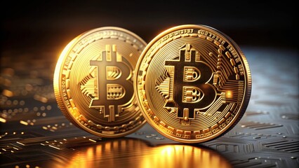 Close-up of Glowing Bitcoin Symbols on Circuit Board, Depicting Blockchain Technology and Crypto