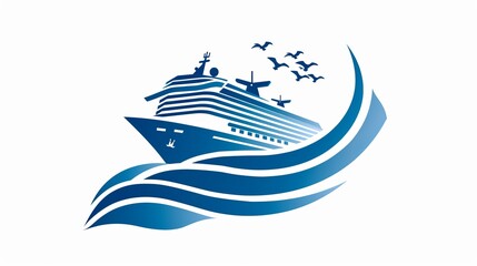 Stylized cruise ship with seagulls on abstract waves.