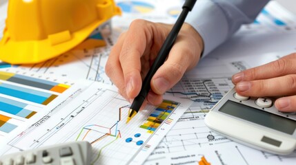 Generate a photo realistic image of a construction project team in a session focused on achieving financial efficiency, with detailed budgeting charts and efficiency plans