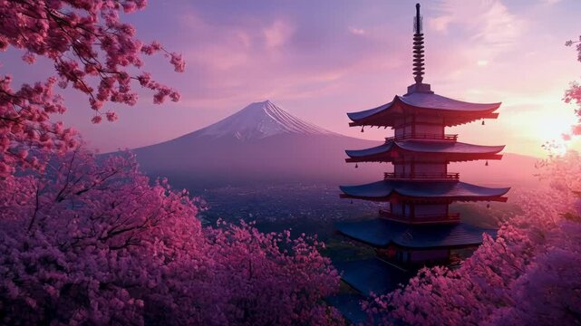 春の夕暮れ時、桜が満開の中に富士山がそびえる、美しい日本の風景が広がります。
