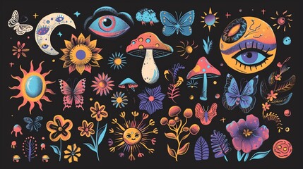 Vibrant mystical illustration with mushrooms and eyes.