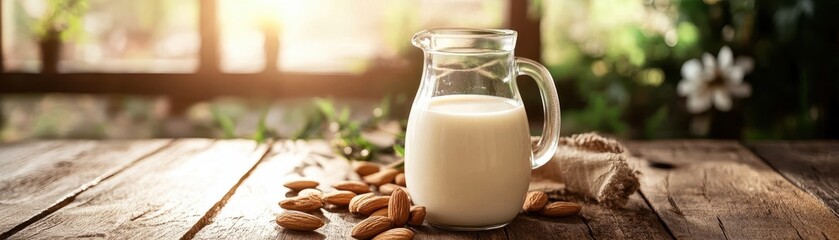  Glass jug of almond milk 