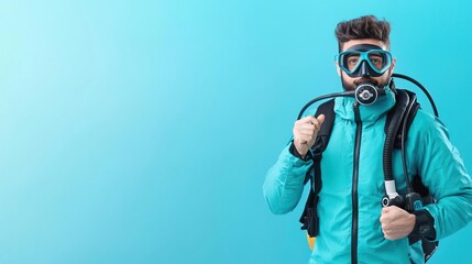 diver holding a scuba mask, standing on the right side of the image, portrait photo studio, with a solid color background.
