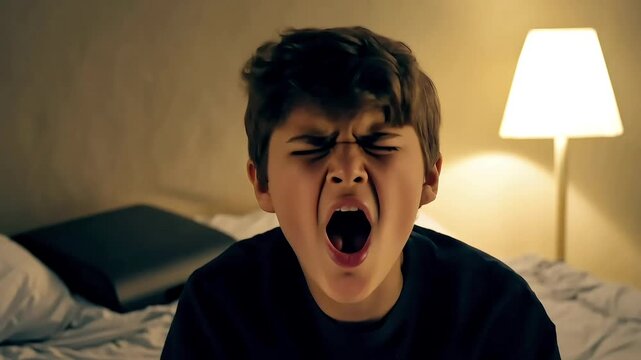 shouting boy in bed with angry expression