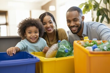 Straight Afro family recycles plastic bottles at home with their son in recycling bins