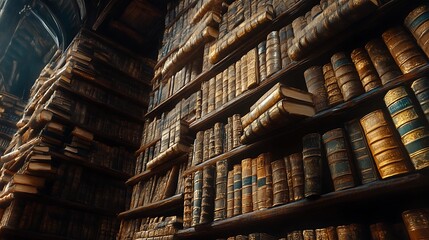 A Wall of Ancient Books in a Dusty Library