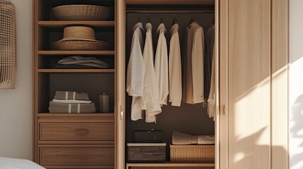 Clean, minimalist wardrobe with open doors revealing neatly organized clothes