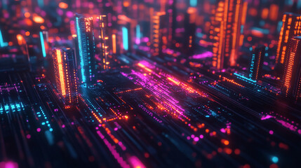 Digital data landscape with neon lights and nodes digital